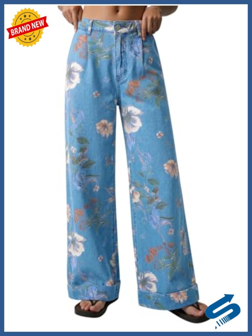 Womens Floral Baggy Wide Leg Jeans High Waisted Denim Pants Cotton Blend